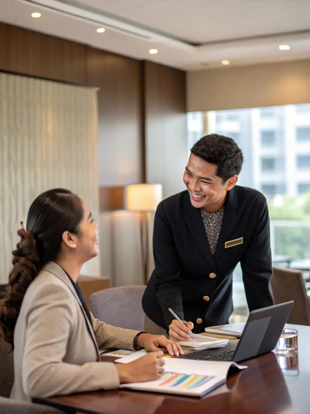 An image of a hotel staff member interacting with a business client at a conference, representing the B2B Customer Engagement application.